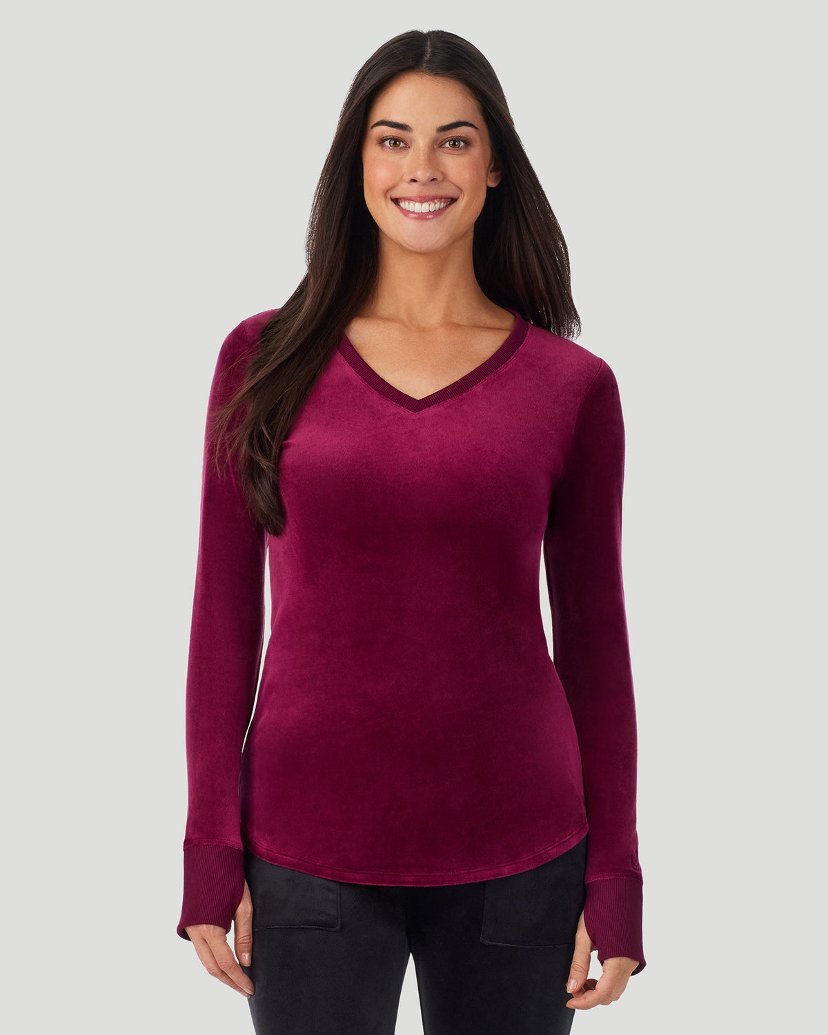 Bordeaux; Model is wearing a size S. She is 5’9”, Bust 34.5”, Waist 25”, Hips 36.5”. @A lady wearing Stretch Velour Long Sleeve V-Neck in bordeaux shown in a front view pose