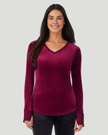 A lady wearing Stretch Velour Long Sleeve V-Neck in bordeaux shown in a front view pose