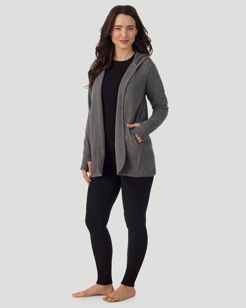  A lady wearing Fleecewear with Stretch Long Sleeve Wrap With Hood Charcoal Heather standing pose