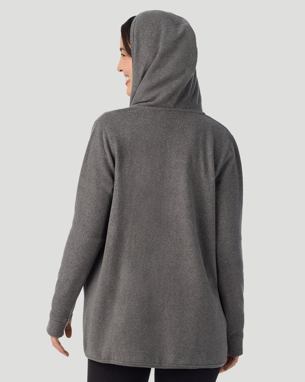 A lady wearing Fleecewear with Stretch Long Sleeve Wrap With Hood Charcoal Heather back view
