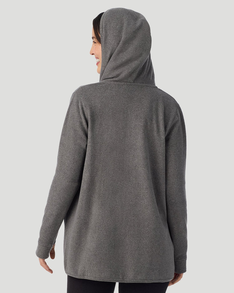 A lady wearing Fleecewear with Stretch Long Sleeve Wrap With Hood Charcoal Heather back view