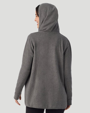  A lady wearing Fleecewear with Stretch Long Sleeve Wrap With Hood Charcoal Heather back view