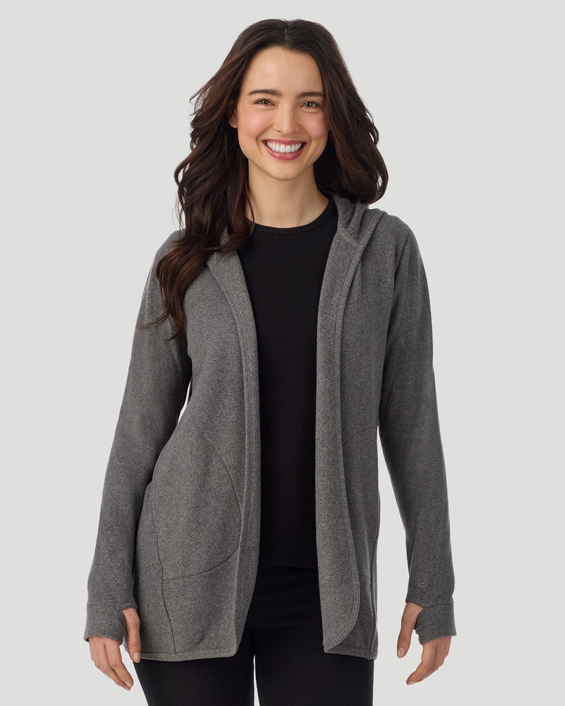  A lady wearing Fleecewear with Stretch Long Sleeve Wrap With Hood Charcoal Heather closer look