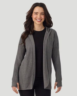  A lady wearing Fleecewear with Stretch Long Sleeve Wrap With Hood Charcoal Heather closer look