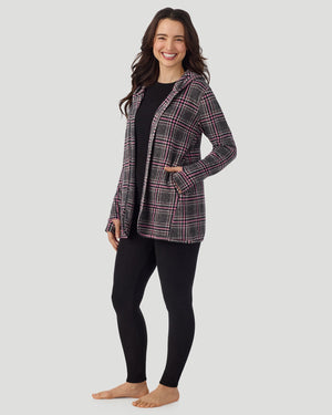  A lady wearing Fleecewear with Stretch Long Sleeve Wrap With Hood Charcoal Tartan in a front view standing pose