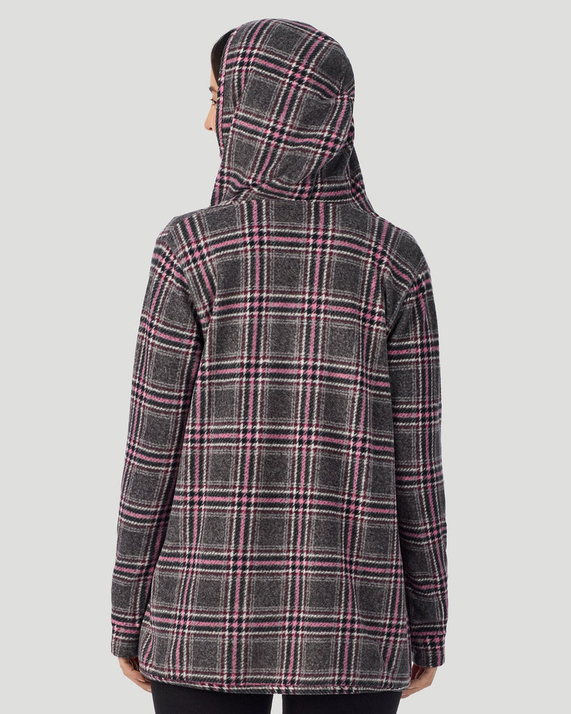  A lady wearing Fleecewear with Stretch Long Sleeve Wrap With Hood Charcoal Tartan back view