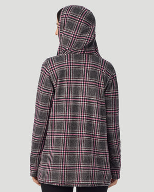  A lady wearing Fleecewear with Stretch Long Sleeve Wrap With Hood Charcoal Tartan back view