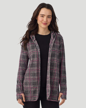  A lady wearing Fleecewear with Stretch Long Sleeve Wrap With Hood Charcoal Tartan closer look