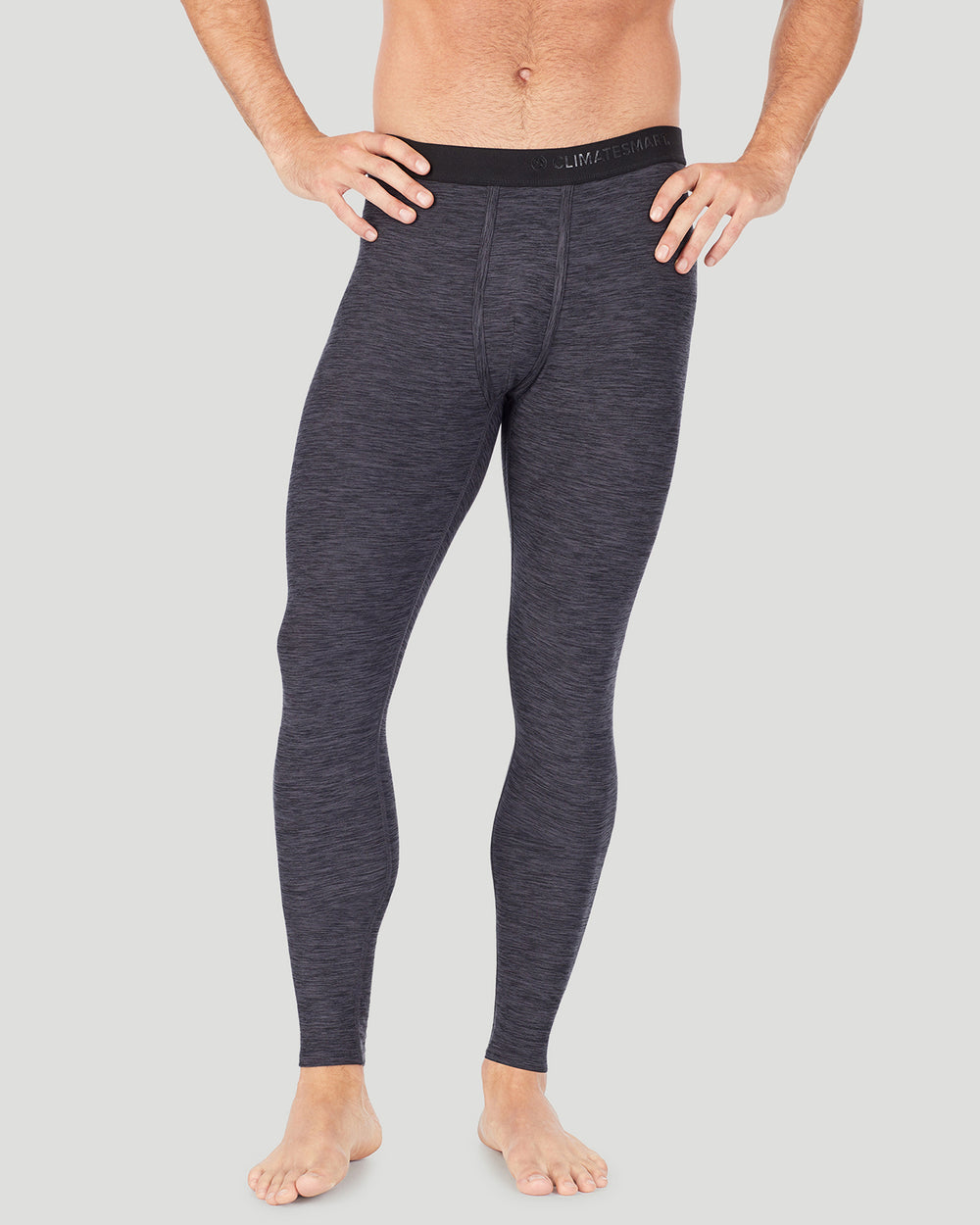 Lower body of a man wearing grey climatesport pants !88% Polyester, 12% Spandex!