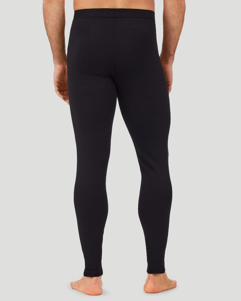 A man wearing a black X fleece pant back view