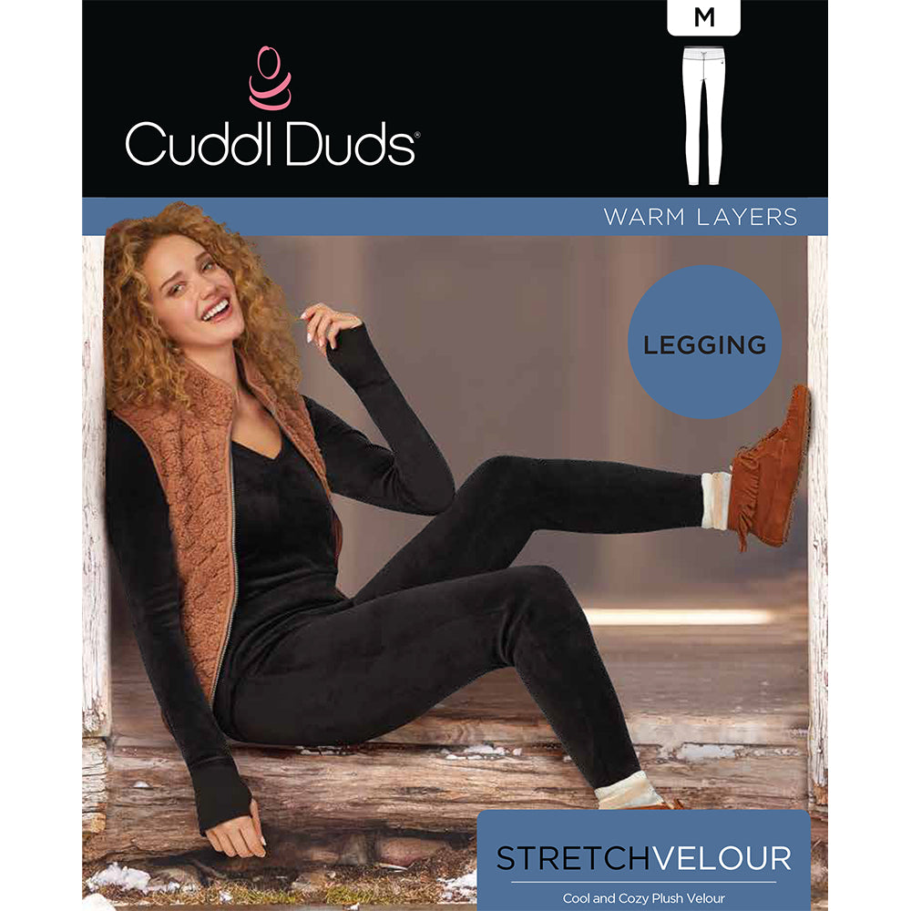 A lady wearing black stretch velour legging