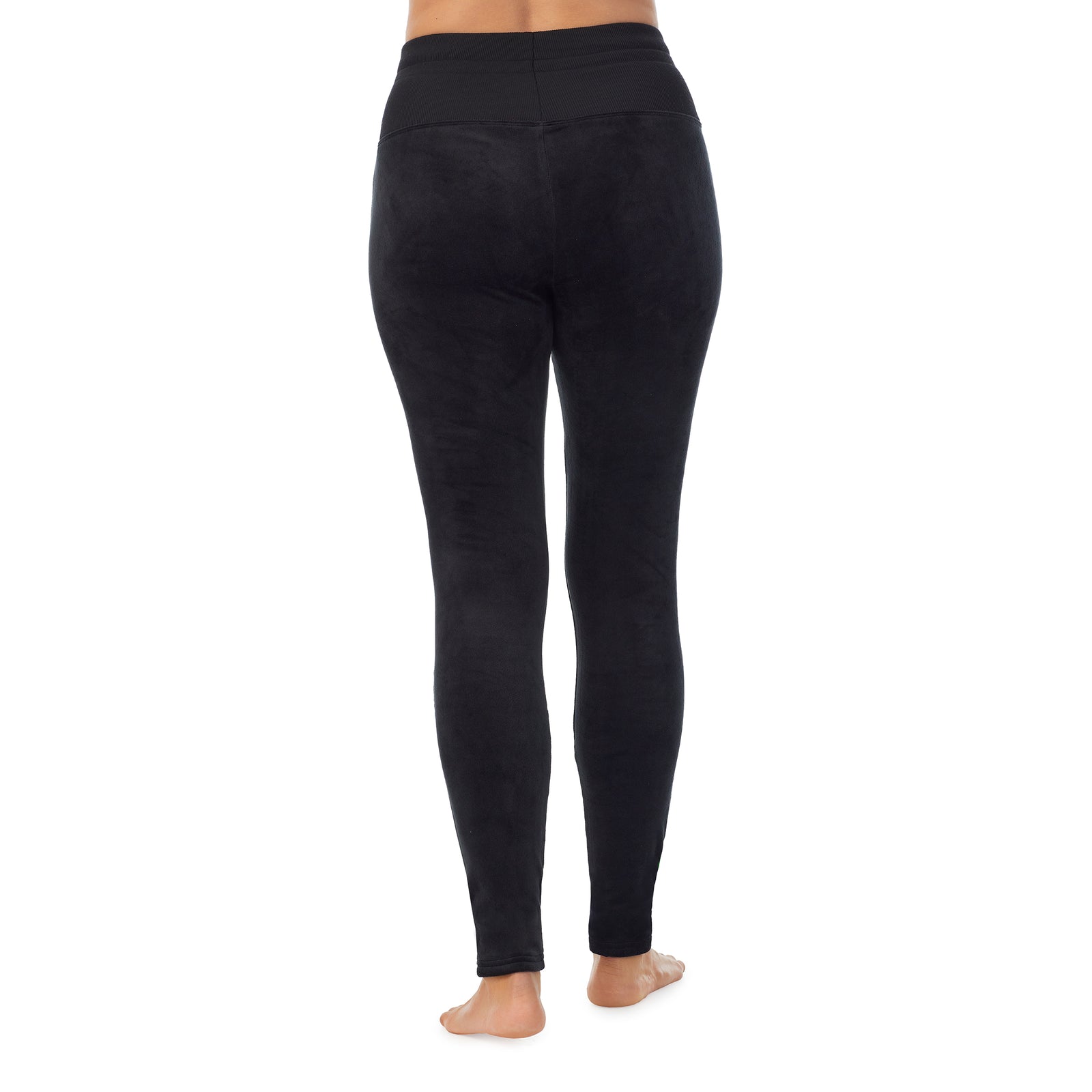 Black; Model is wearing size S. She is 5'8", Bust 34", Waist 26”, Hips 36"@A lady wearing black stretch velour legging
