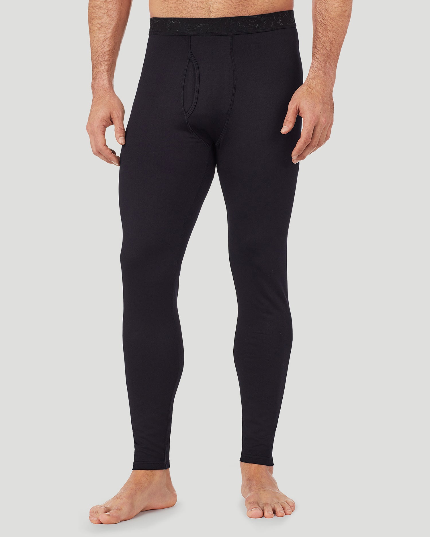 Black; Model is wearing size M. He is 6'1", Waist 31", Inseam 33".@upper body of a man wearing black pant