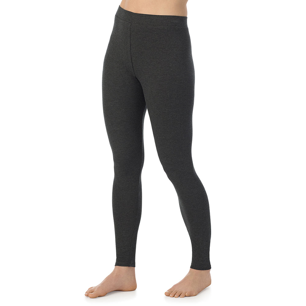 A lady is wearing a Charcoal Heather Stretch Rib Legging