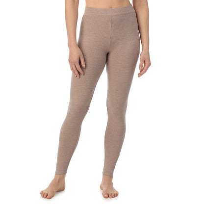 Pecan Heather; Model is wearing a size S. She is 5’9”, Bust 34”, Waist 25”, Hips 36”@ A lady is wearing a Pecan Heather Stretch Rib Legging