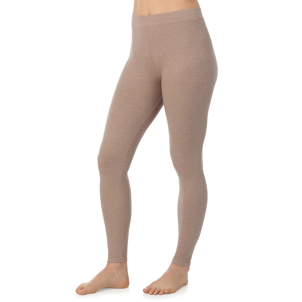 Pecan Heather; Model is wearing a size S. She is 5’9”, Bust 34”, Waist 25”, Hips 36”@ A lady is wearing a Pecan Heather Stretch Rib Legging