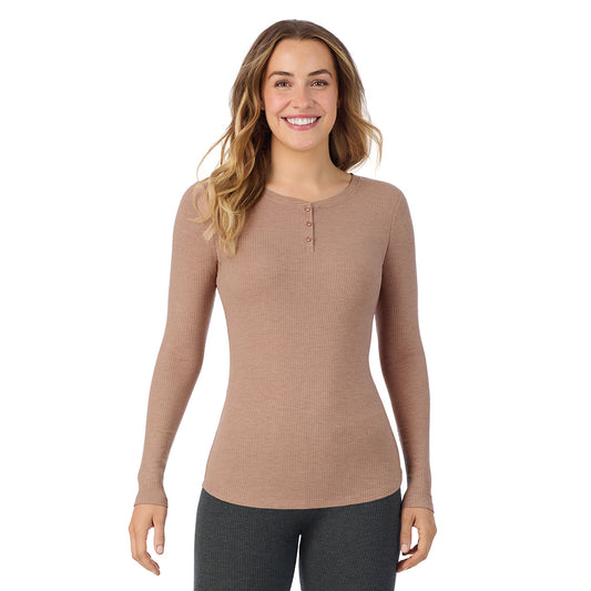  A lady is wearing a Walnut Taupe Heather Stretch Rib Long Sleeve Henley