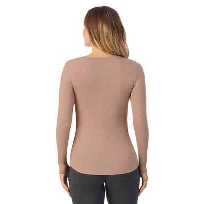 Walnut Taupe Heather; Model is wearing size S. She is 5'11.5", Bust 34", Waist 26", Hips 37".@ A lady is wearing a Walnut Taupe Heather Stretch Rib Long Sleeve Henley