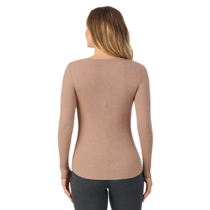  A lady is wearing a Walnut Taupe Heather Stretch Rib Long Sleeve Henley