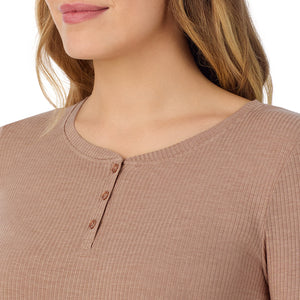  A lady is wearing a Walnut Taupe Heather Stretch Rib Long Sleeve Henley