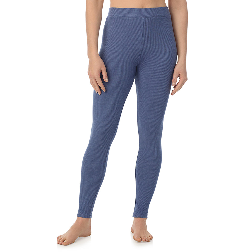 A lady is wearing a Smoke Blue Heather Stretch Rib Legging