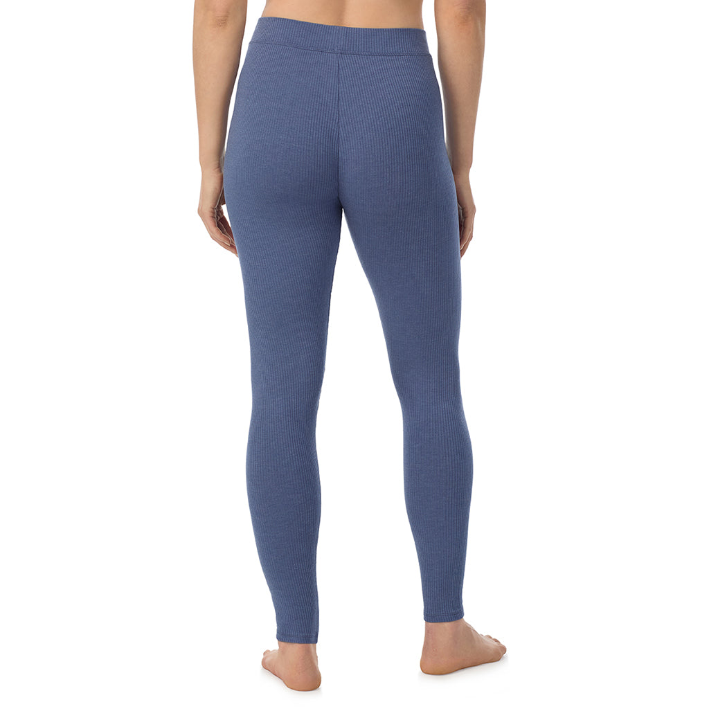 Smoke Blue Heather; Model is wearing a size S. She is 5’9”, Bust 34”, Waist 25”, Hips 36”@ A lady is wearing a Smoke Blue Heather Stretch Rib Legging