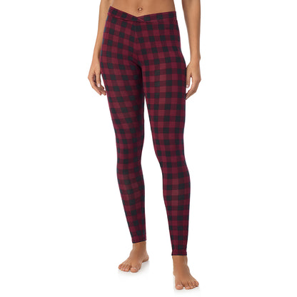 Cabernate Buffalo Check; Model is wearing size S. She is 5’9”, Bust 34”, Waist 23”, Hips 35”. @A lady wearing a cabernate buffalo check stretch legging.