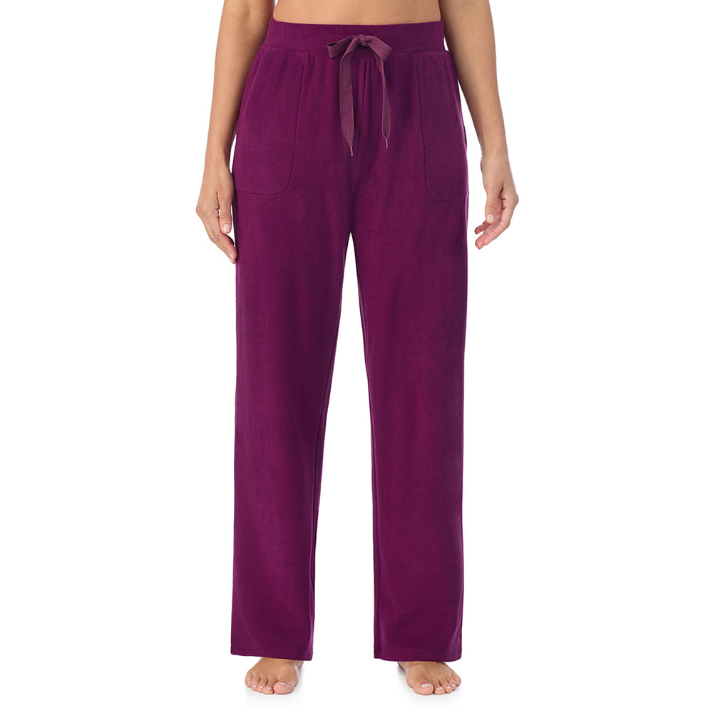A lady wearing Dark Purple fleecewear with stretch lounge pant.!94% Recycled Polyester, 6% Spandex!