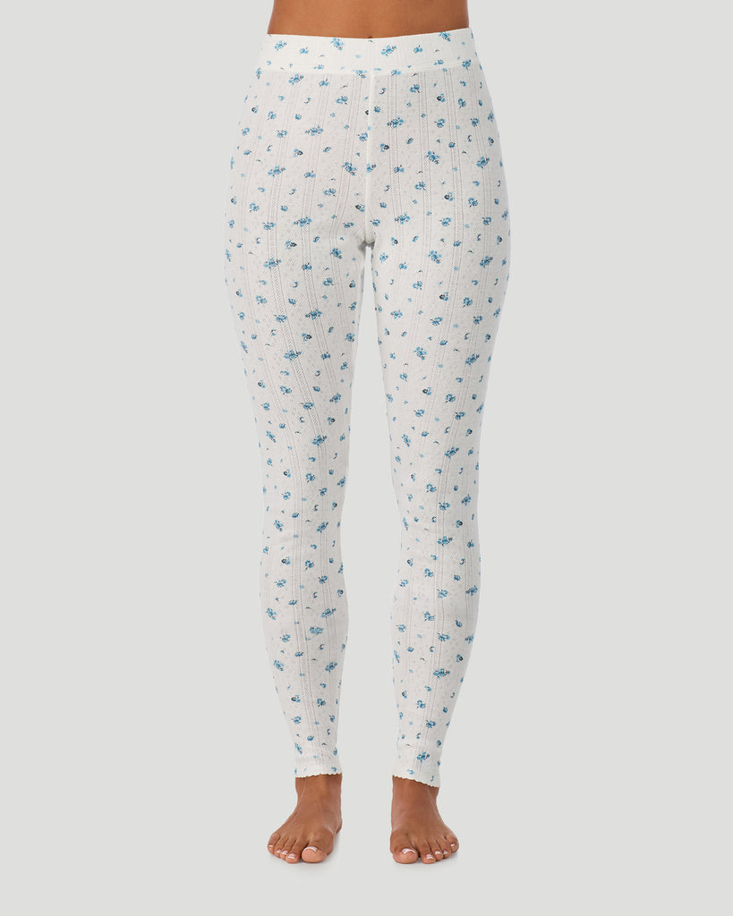 A lady is wearing Blue Ditsy Cotton Pointelle Legging in a front view look