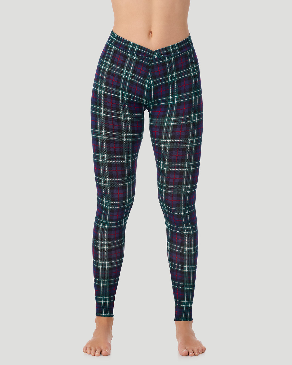  A lady wearing a Blackwatch Plaid Softwear With Stretch Legging in a front view pose