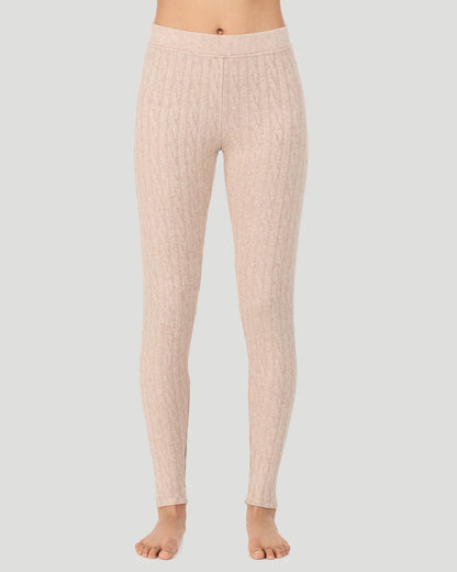 A lady wearing Oatmeal Heather Cable Knit Legging in a front view pose