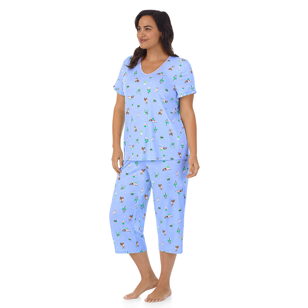 Succulent Dogs;Model is wearing size 1X. She is 5'11.5", Bust 41", Waist 33", Hips 46"@A lady wearing blueshort sleeve top with cropped pant pajama set with Succulent Dogs print