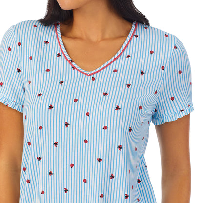 Ladybug Stripe; Model is wearing size S. She is 5'8.5", Bust 32", Waist 25", Hips 36". @A lady wearing short sleeve top with cropped pant pajama set with blue stripes and ladybug print