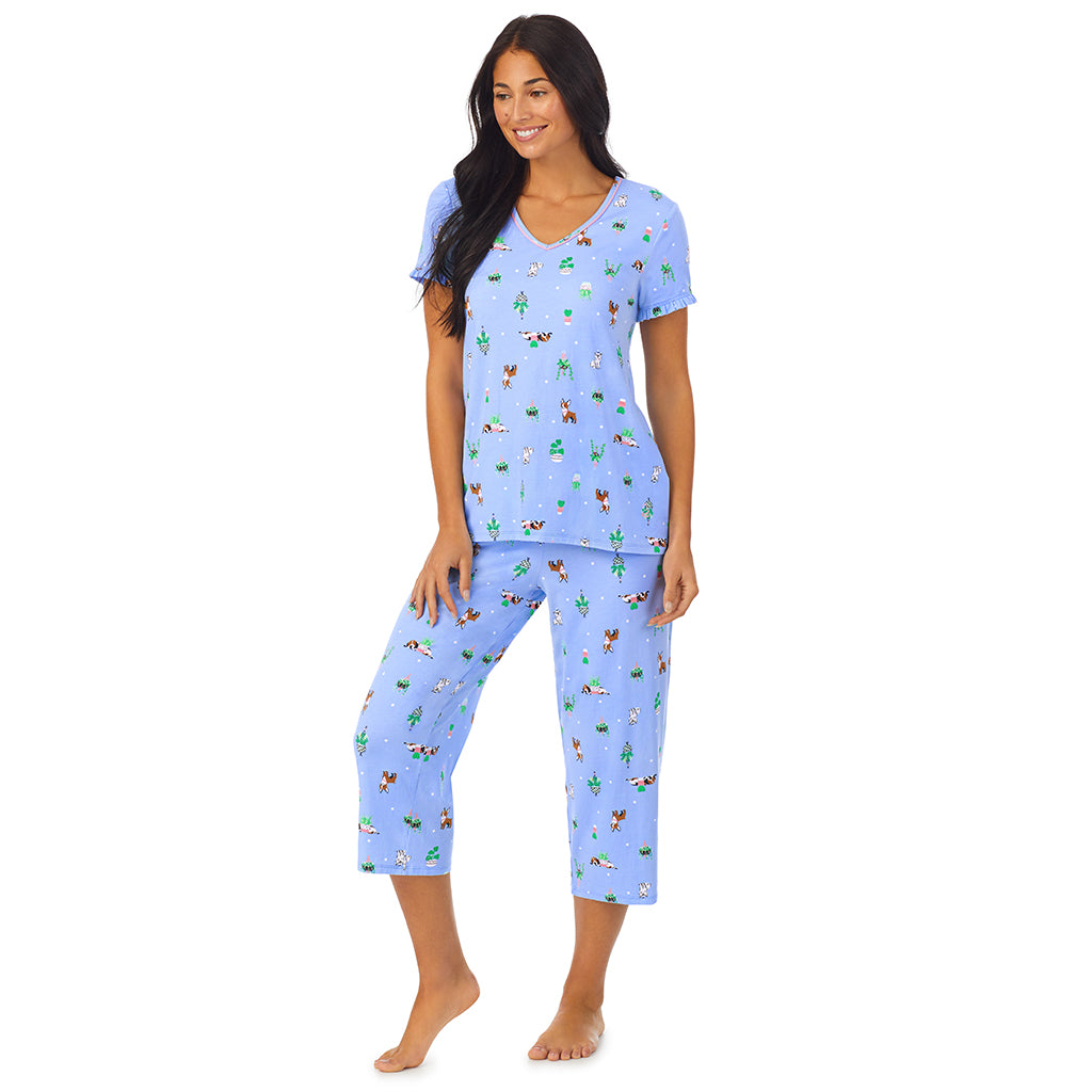 Succulent Dogs; Model is wearing size S. She is 5'8.5", Bust 32", Waist 25", Hips 36". @A lady wearing short sleeve top with cropped pant pajama set with Succulent Dogs print