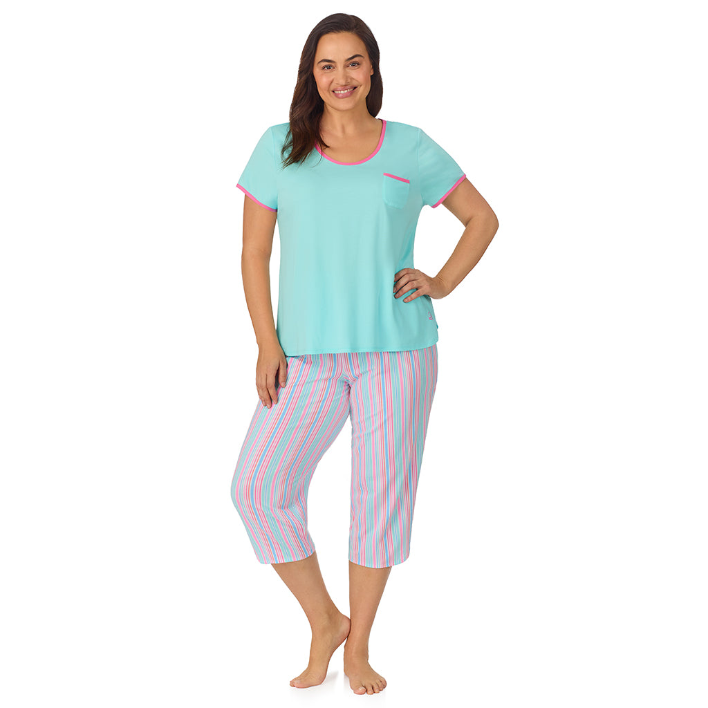 Multi Stripe; Model is wearing size 1X. She is 5'11.5", Bust 41", Waist 33", Hips 46" @A lady wearing blue short sleeve top with cropped pant pajama set with multi stripe print
