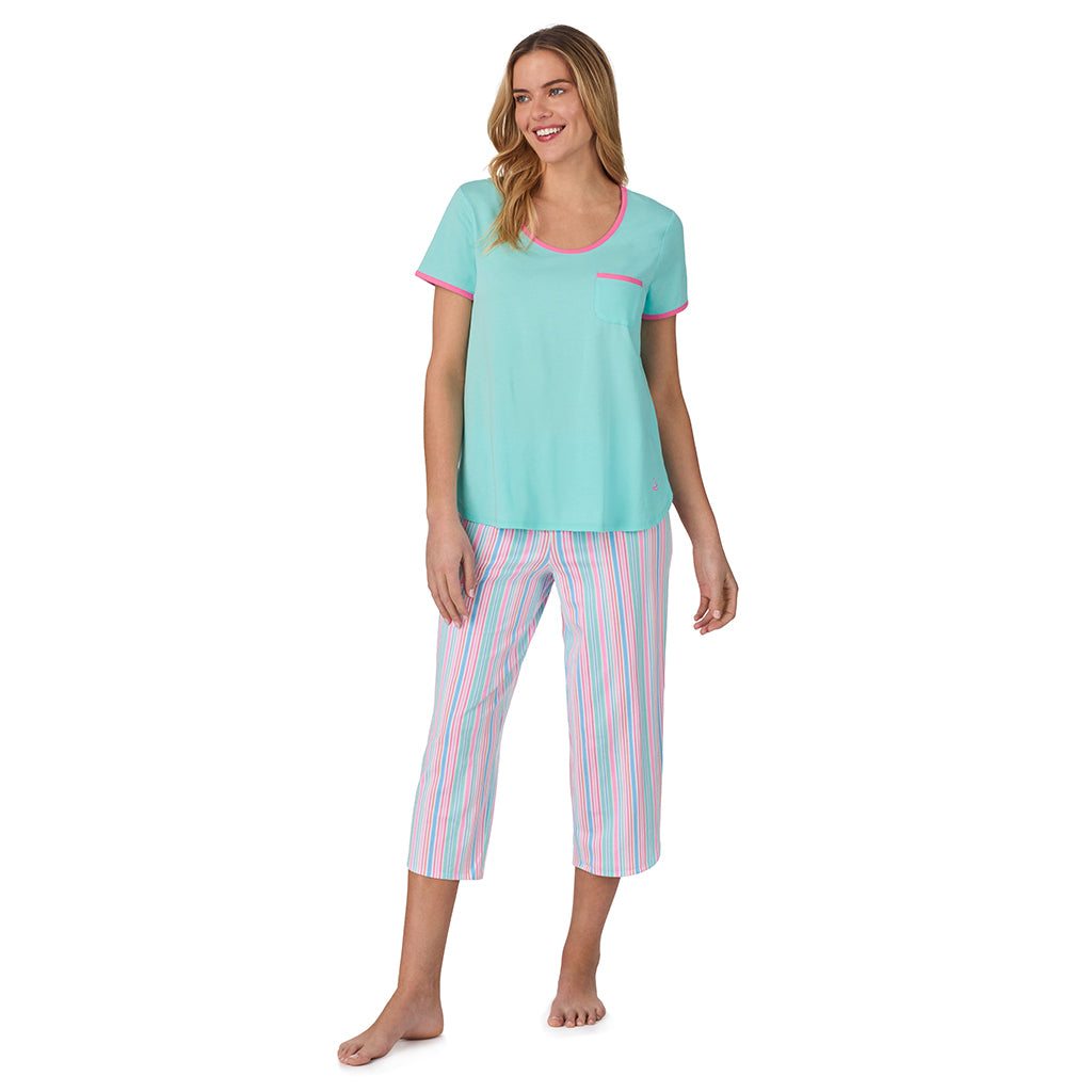 Multi Stripe;Model is wearing size S. She is 5’10”, Bust 34”, Waist 26", Hips 38”. @ A lady wearing blue short sleeve top with cropped pant pajama set with Multi Stripe print