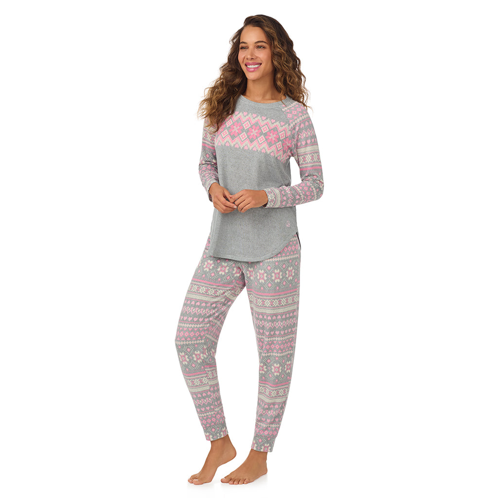 Grey Fairisle;Model is wearing size S. She is 5’9”, Bust 34”, Waist 23”, Hips 35”.@A lady wearing Grey Fairisle Brushed Sweater Knit Long Sleeve Pajama Set