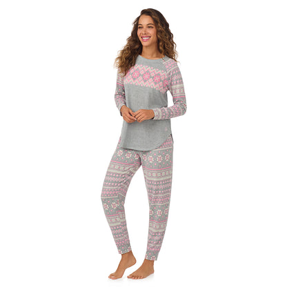 A lady wearing Grey Fairisle Brushed Sweater Knit Long Sleeve Pajama Set