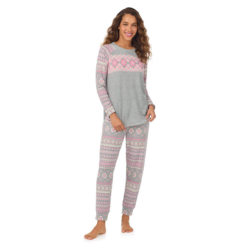 A lady wearing Grey Fairisle Brushed Sweater Knit Long Sleeve Pajama Set