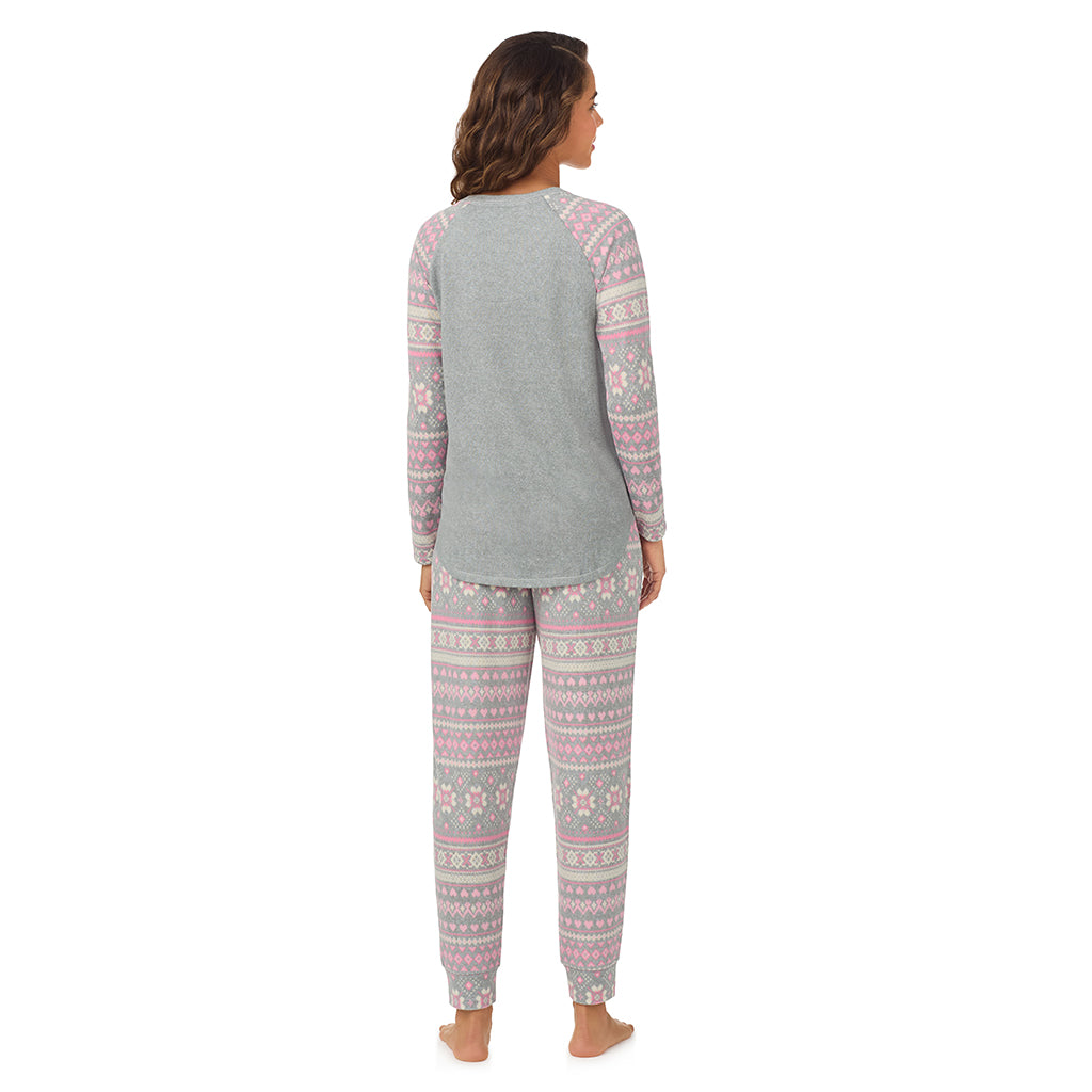 A lady wearing Grey Fairisle Brushed Sweater Knit Long Sleeve Pajama Set