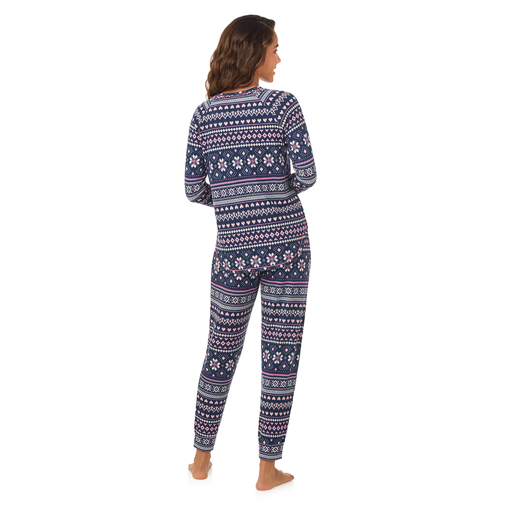 A lady wearing Navy Pink Fairisle Brushed Sweater Knit Long Sleeve Pajama Set