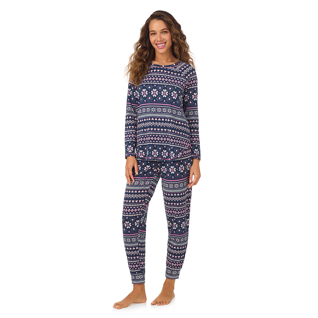 A lady wearing Navy Pink Fairisle Brushed Sweater Knit Long Sleeve Pajama Set