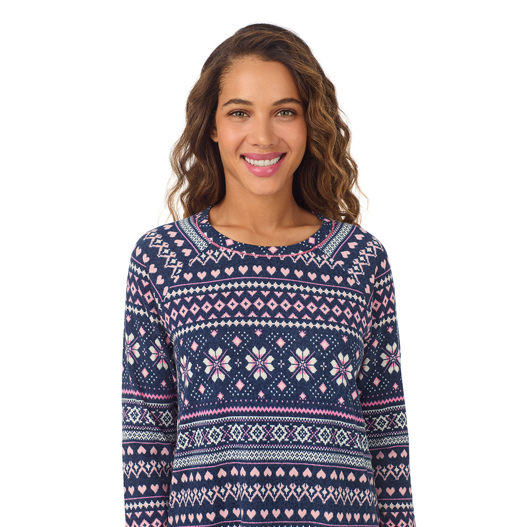 A lady wearing Navy Pink Fairisle Brushed Sweater Knit Long Sleeve Pajama Set