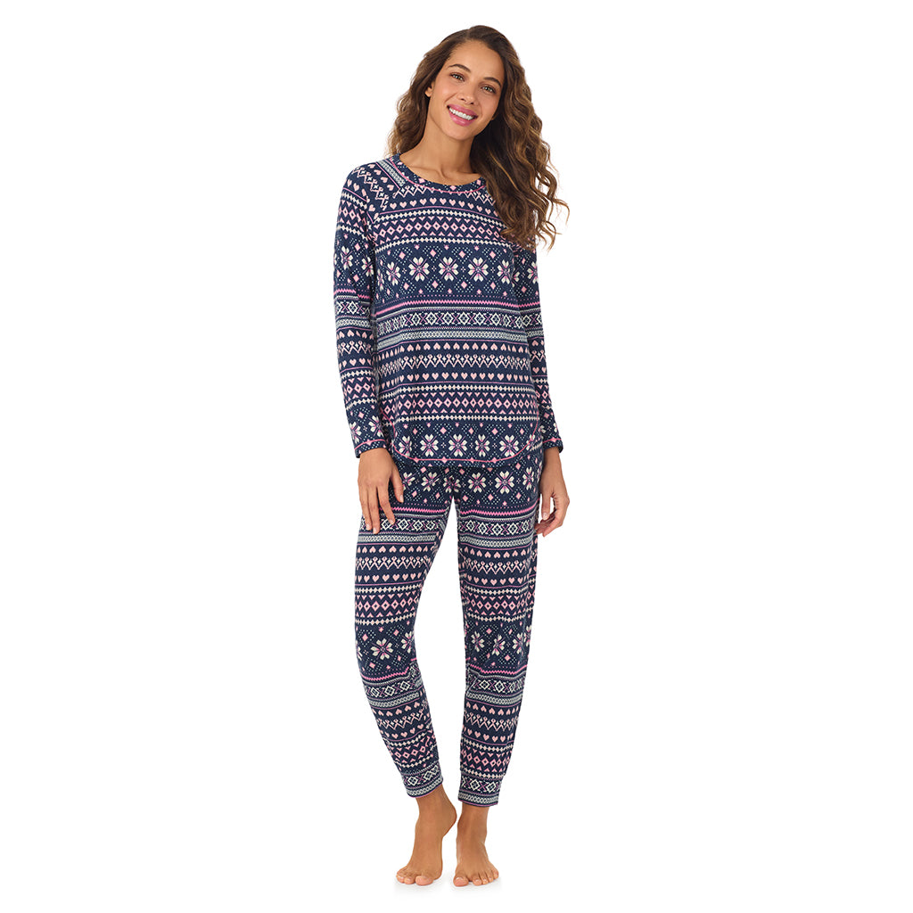 Navy Pink Fairisle;Model is wearing size S. She is 5’9”, Bust 34”, Waist 23”, Hips 35”.@A lady wearing Navy Pink Fairisle Brushed Sweater Knit Long Sleeve Pajama Set