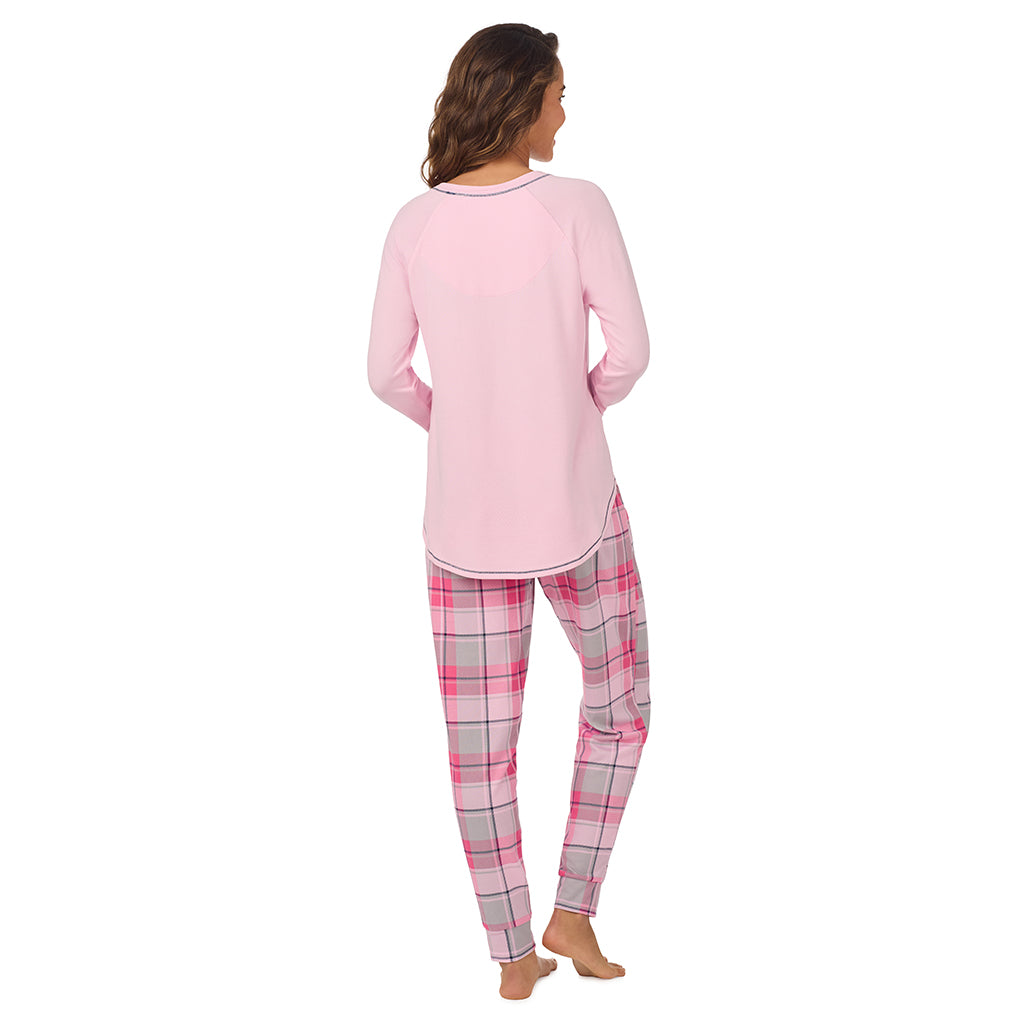 A lady wearing Pink &amp; Grey Plaid Brushed Sweater Knit Long Sleeve Pajama Set