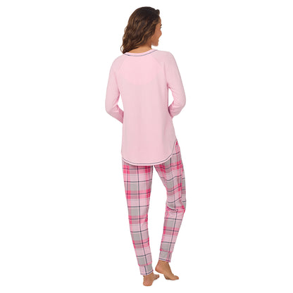 Pink & Grey Plaid;Model is wearing size S. She is 5’9”, Bust 34”, Waist 23”, Hips 35”.@A lady wearing Pink & Grey Plaid Brushed Sweater Knit Long Sleeve Pajama Set