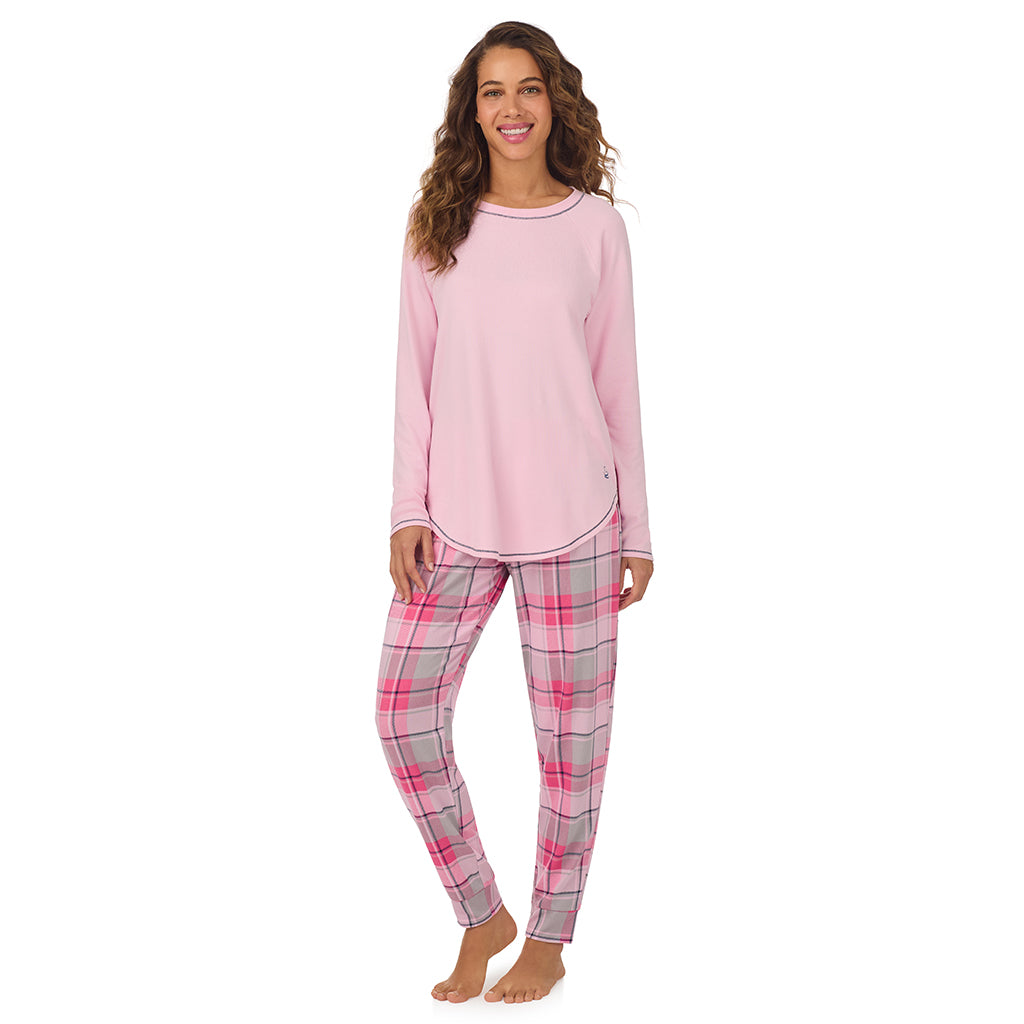 A lady wearing Pink &amp; Grey Plaid Brushed Sweater Knit Long Sleeve Pajama Set