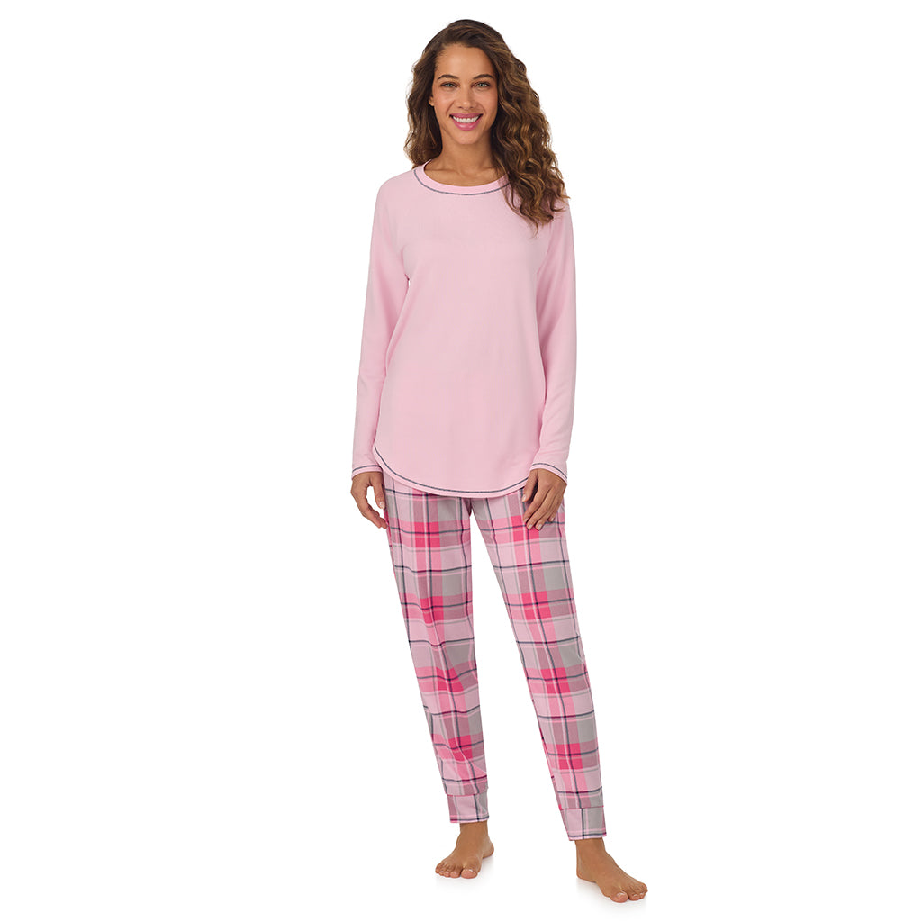 A lady wearing Pink &amp; Grey Plaid Brushed Sweater Knit Long Sleeve Pajama Set