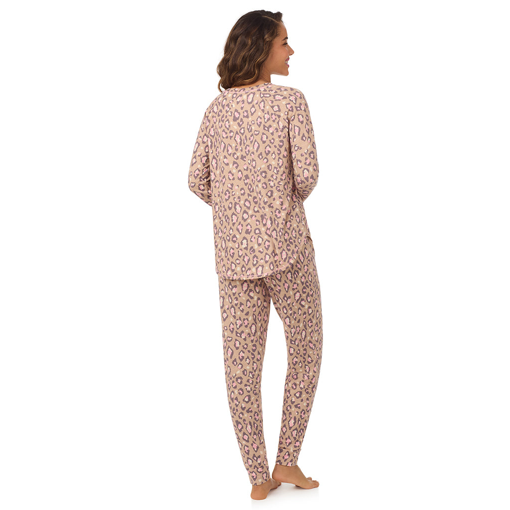 A lady wearing Natural Animal Brushed Sweater Knit Long Sleeve Pajama Set