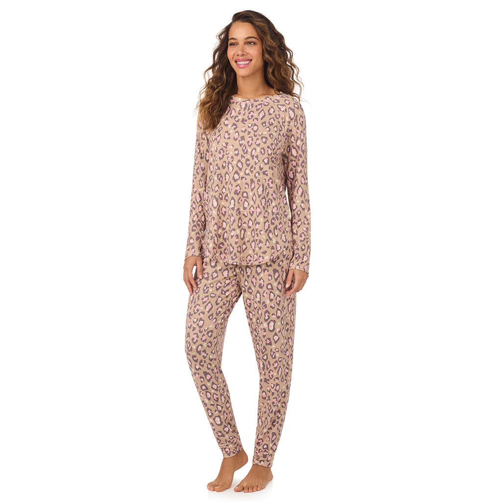 A lady wearing Natural Animal Brushed Sweater Knit Long Sleeve Pajama Set